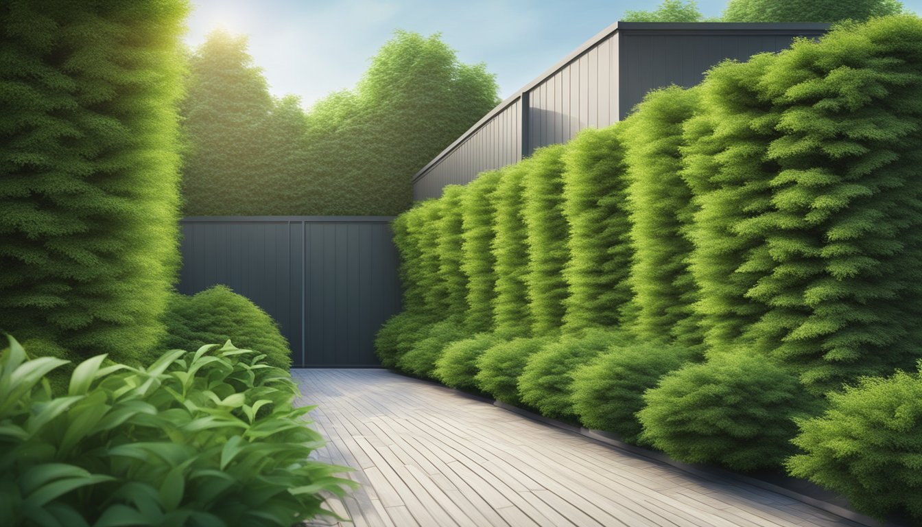 A row of lush, green bushes creating a dense barrier, providing privacy and seclusion. The bushes are varying in height and density, creating a natural and effective privacy screen