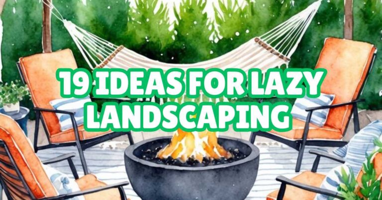 A cozy outdoor living space with a hammock, lounge chairs, and a fire pit surrounded by lush greenery and twinkling string lights
