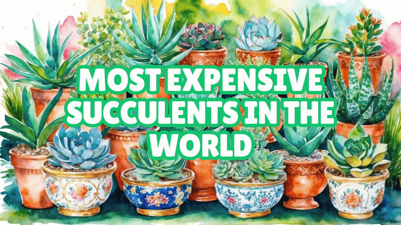A lush garden display showcasing rare and valuable succulents in ornate pots, with vibrant colors and intricate patterns with text overlay most expensive succulent plants in the world