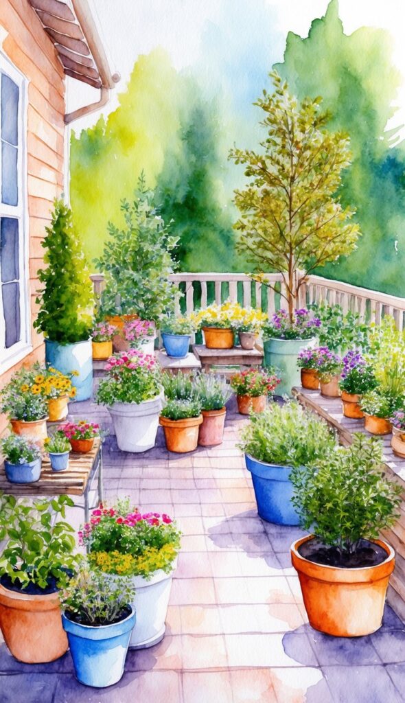 A cozy patio with a variety of container gardens, including potted flowers, herbs, and small trees. A mix of colors and textures creates a vibrant and lush outdoor space