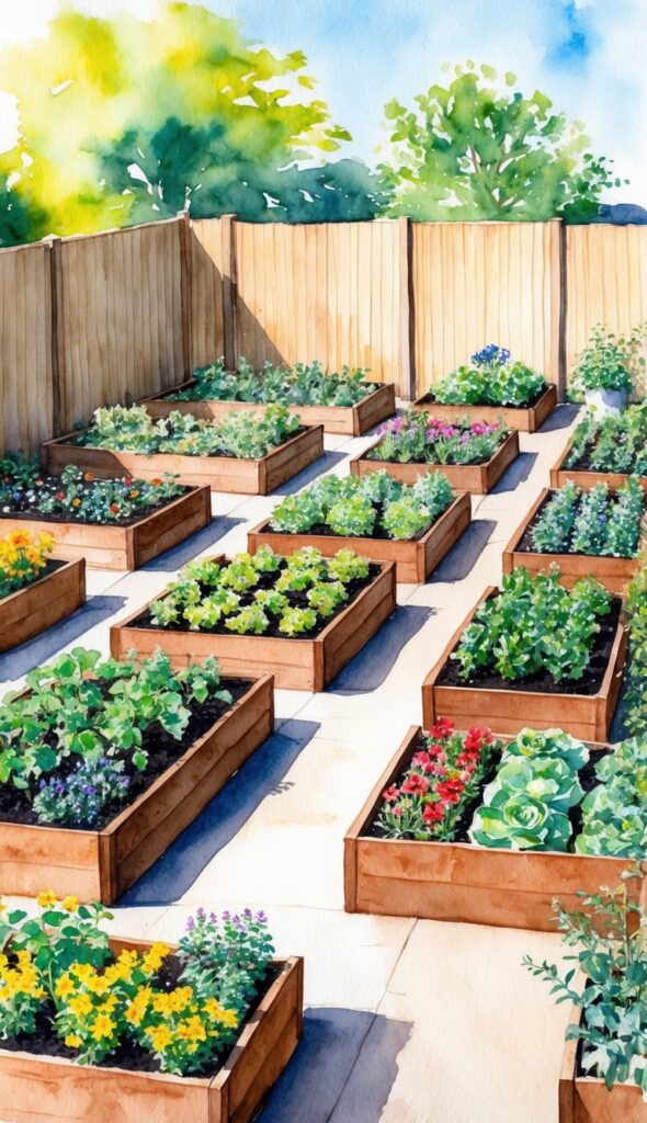 A sunny backyard with 19 raised garden beds of varying sizes, filled with vibrant flowers and vegetables. A winding path leads through the beds, making them easily accessible for gardening
