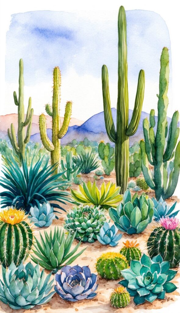 A desert landscape with cacti, succulents, and other drought-tolerant plants arranged in a low-maintenance garden
