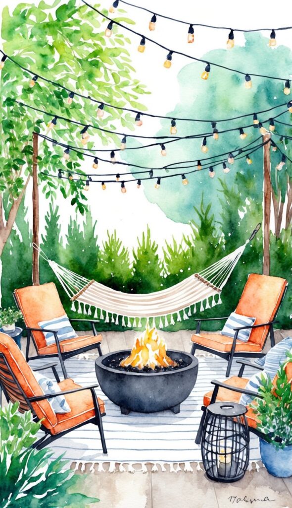 A cozy outdoor living space with a hammock, lounge chairs, and a fire pit surrounded by lush greenery and twinkling string lights