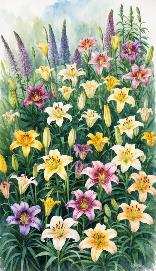 A garden filled with vibrant daylilies of various colors and sizes, arranged in a natural and effortless manner, creating a beautiful and low-maintenance landscape