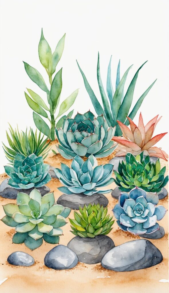 A variety of succulents arranged in a minimalist, low-maintenance landscape with rocks and sand