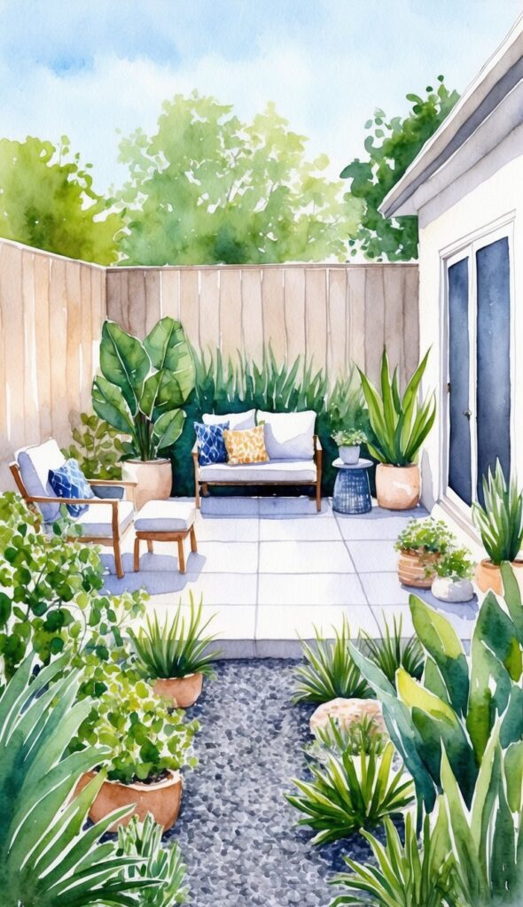 A tranquil backyard with minimal maintenance: a small patio surrounded by low-maintenance plants, a simple gravel path, and a cozy seating area