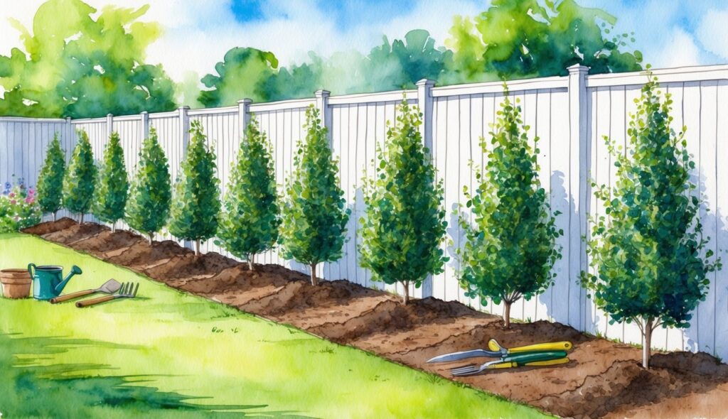A sunny backyard with a row of fast-growing privacy shrubs being planted along the fence line. The soil is freshly tilled, and gardening tools are scattered nearby