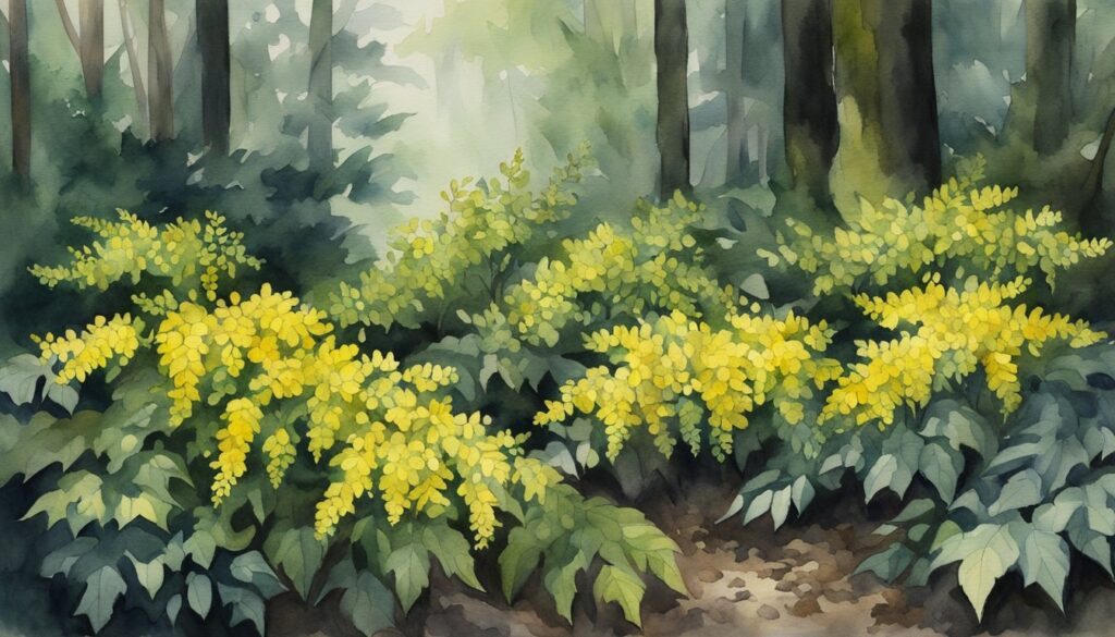 A dense cluster of Mahonia Japonica shrubs thrives in a shaded woodland, their glossy evergreen leaves contrasting against the dark forest floor