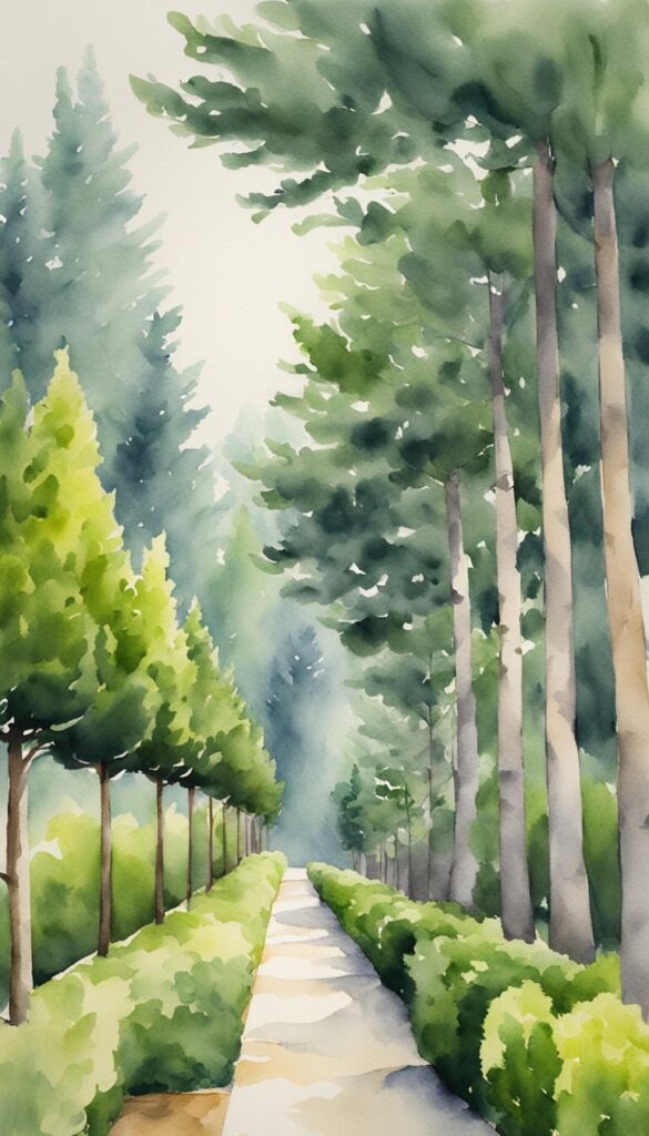 A row of Cryptomeria Radicans trees forming a dense, fast-growing evergreen hedge, providing privacy and creating a lush green barrier