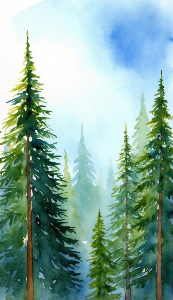 A serene forest of small evergreen trees, with a clear blue sky overhead and dappled sunlight filtering through the branches
