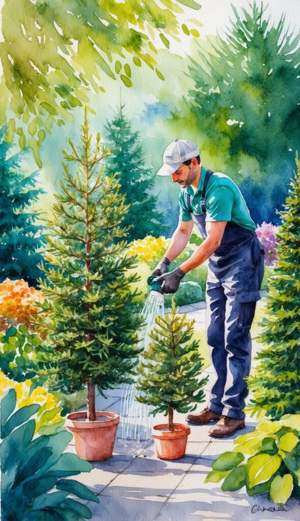 A gardener carefully prunes and waters small evergreen trees in a lush garden setting, surrounded by vibrant foliage and dappled sunlight
