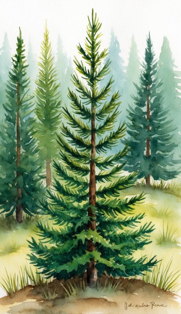 Small evergreen trees dotting a forest floor, reaching up to 10 feet in height, with their branches covered in lush green needles