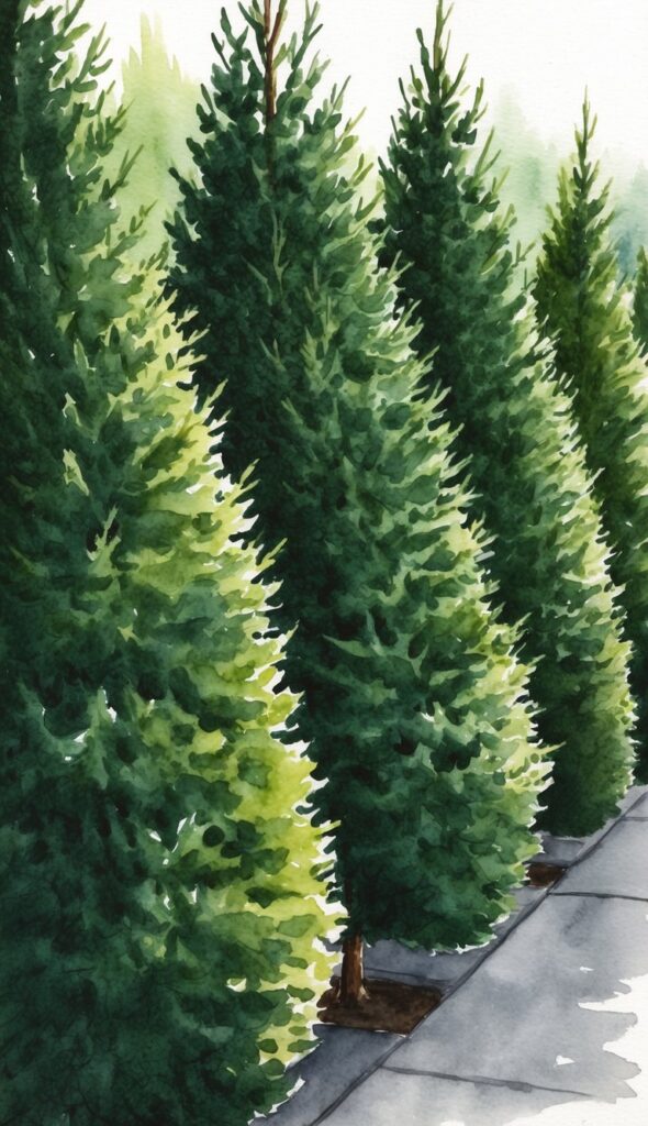 A cluster of Hicks Yew Evergreen trees, all under 10 feet tall, stand in a row, their dark green foliage creating a dense, uniform appearance