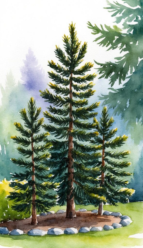 A cluster of small Dwarf Japanese Black Pine Evergreen trees in a serene garden setting