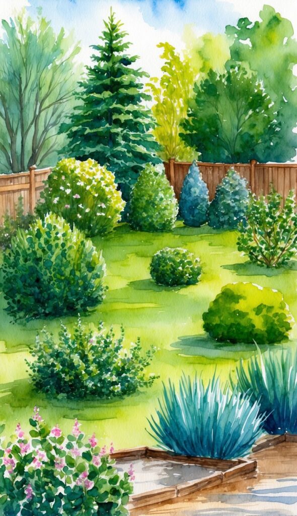 A lush, green yard with 11 different types of shrubs, some of them blooming, in a wet, soggy environment