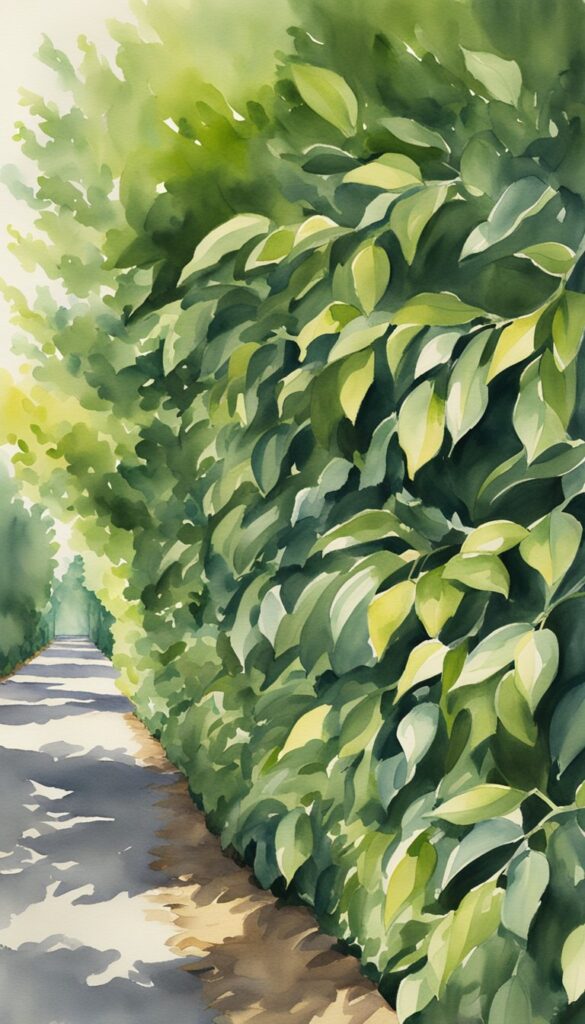 A row of Carolina Cherry Laurel shrubs rapidly growing into a thick, green hedge, providing privacy and shelter