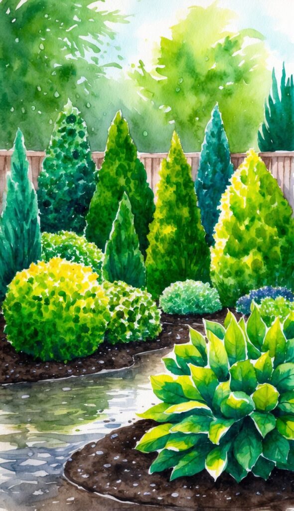 Lush green garden with 11 vibrant shrubs thriving in a waterlogged yard, surrounded by moist soil and droplets of water on the leaves
