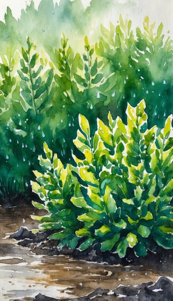 Lush green shrubs thriving in wet, muddy soil. Water droplets cling to leaves, creating a serene, damp environment