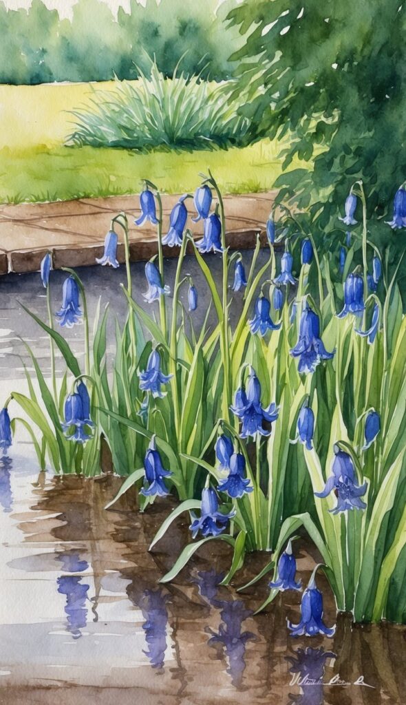 Virginia Bluebells bloom among 11 ideal shrubs in a soggy yard