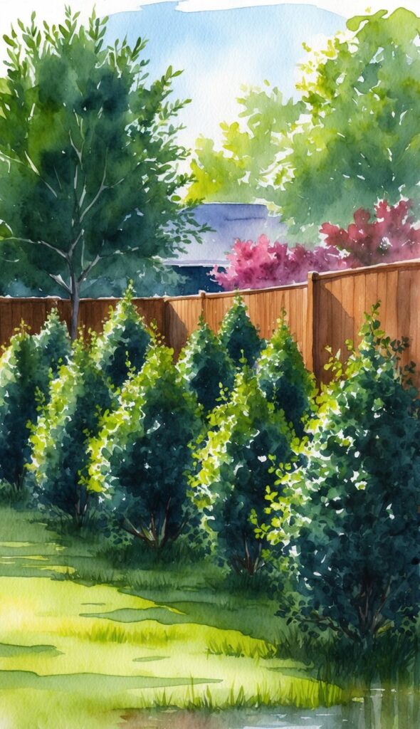 A lush, wet yard filled with 11 black chokeberry shrubs, their dark green leaves glistening in the sunlight