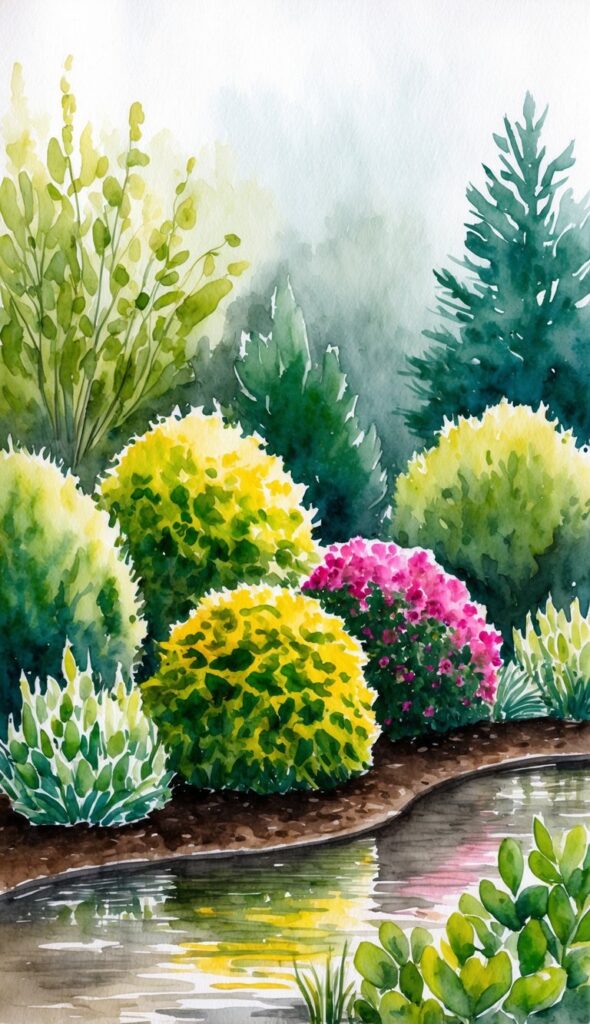 A lush, damp yard with vibrant sweetshrub bushes thriving in the soggy soil, surrounded by other ideal shrubs for wet conditions