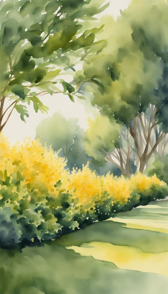 A row of golden dewdrop evergreen shrubs creating a dense, lush hedge for privacy