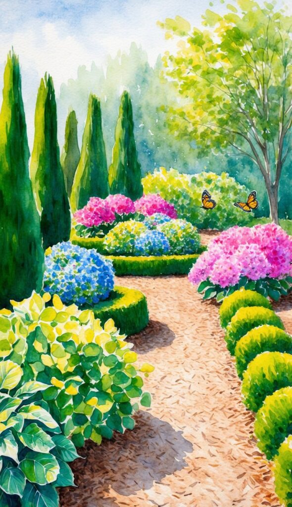 A garden with neatly trimmed boxwoods, colorful hydrangeas, and vibrant butterfly bushes, surrounded by a neatly mulched pathway