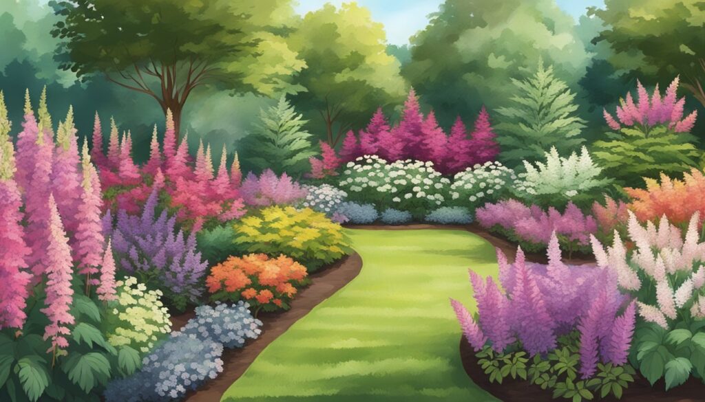 A lush backyard garden with ten different varieties of dog-safe astilbe plants in full bloom, creating a colorful and vibrant landscape