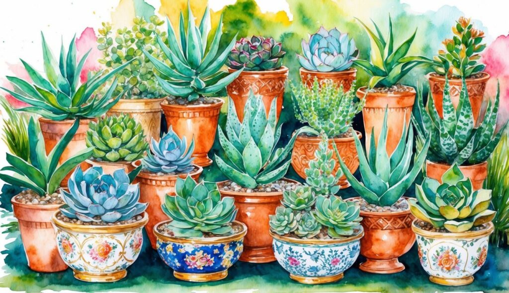 A lush garden display showcasing rare and valuable succulents in ornate pots, with vibrant colors and intricate patterns