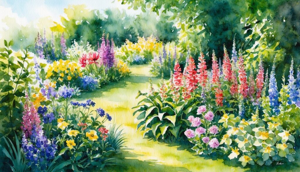 A lush garden filled with a variety of colorful perennial flowers, surrounded by healthy green foliage and bathed in warm sunlight