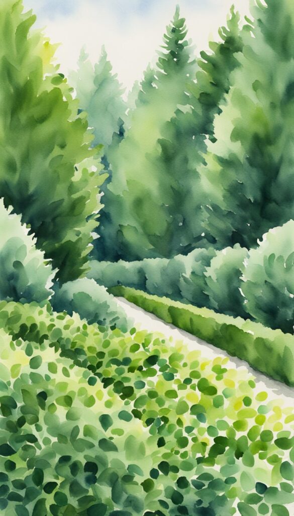A lush, dense evergreen hedge rapidly growing to create a barrier for privacy, with tall, vibrant green foliage and a neatly trimmed appearance