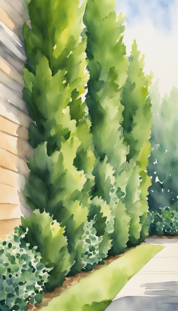 A row of tall, dense hedge plants with vibrant green leaves, creating a natural barrier for privacy. The plants are neatly trimmed and thriving in a low-maintenance garden setting