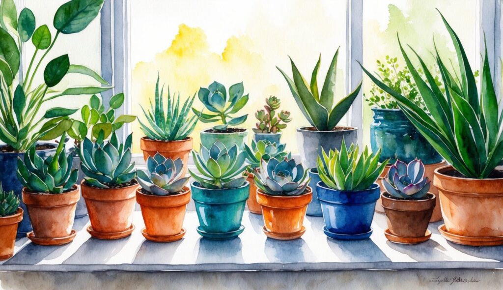 A collection of Echeveria Lola succulents arranged in various pots on a sunlit windowsill, surrounded by other thriving indoor plants