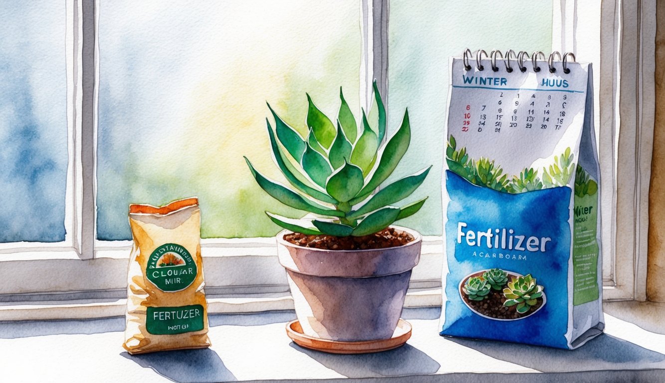 A small succulent plant sitting on a windowsill, with a bag of fertilizer nearby and a calendar showing the winter months