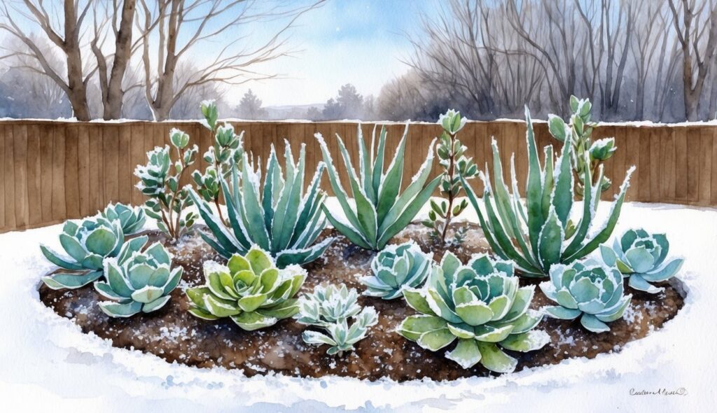 A garden with cold hardy succulents surrounded by frost-covered soil and a light dusting of snow, with a backdrop of bare trees and a clear, cold sky