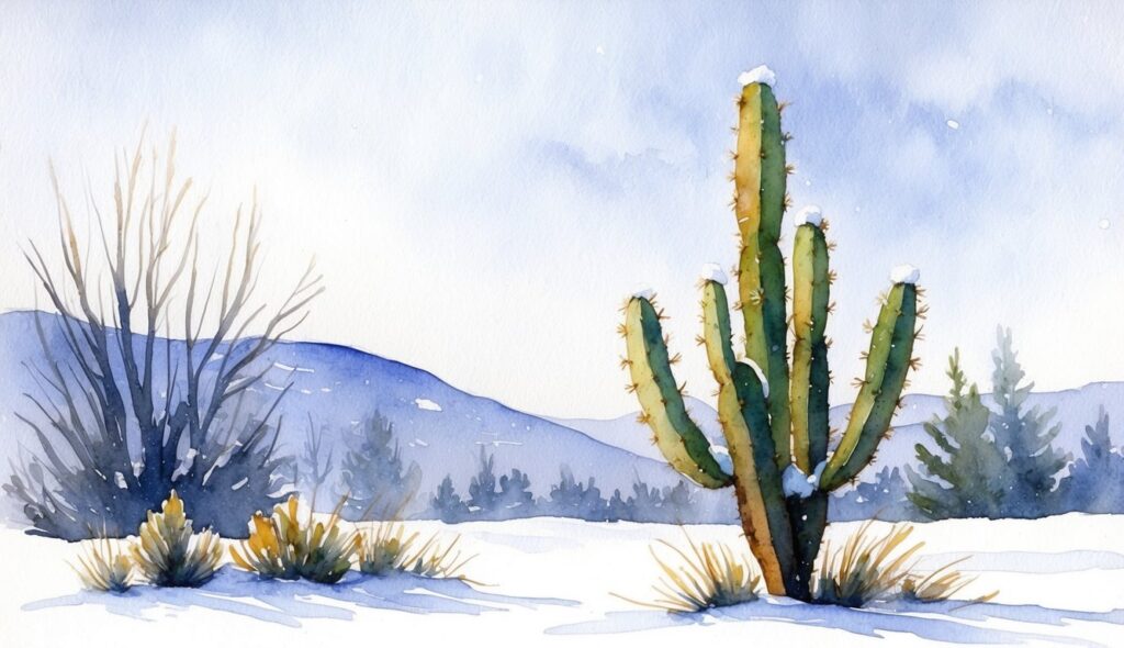 A snowy landscape with a solitary prickly pear cactus standing resilient against the cold, symbolizing the hardiness of cold-climate succulents