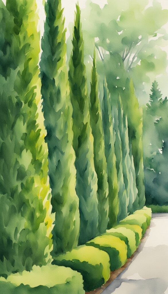 A row of yew hedges quickly growing to create a dense, green privacy barrier