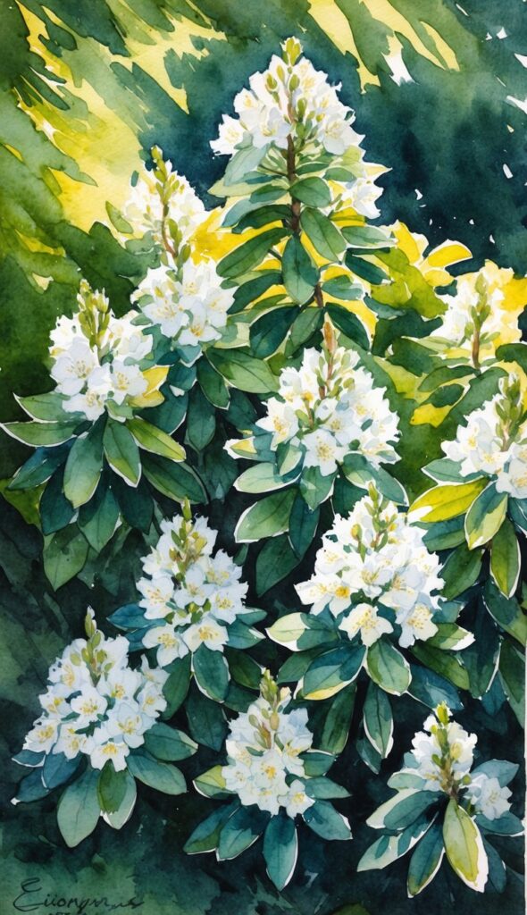 A cluster of Euonymus fortunei shrubs blooming in a shaded garden, with dappled sunlight filtering through the leaves