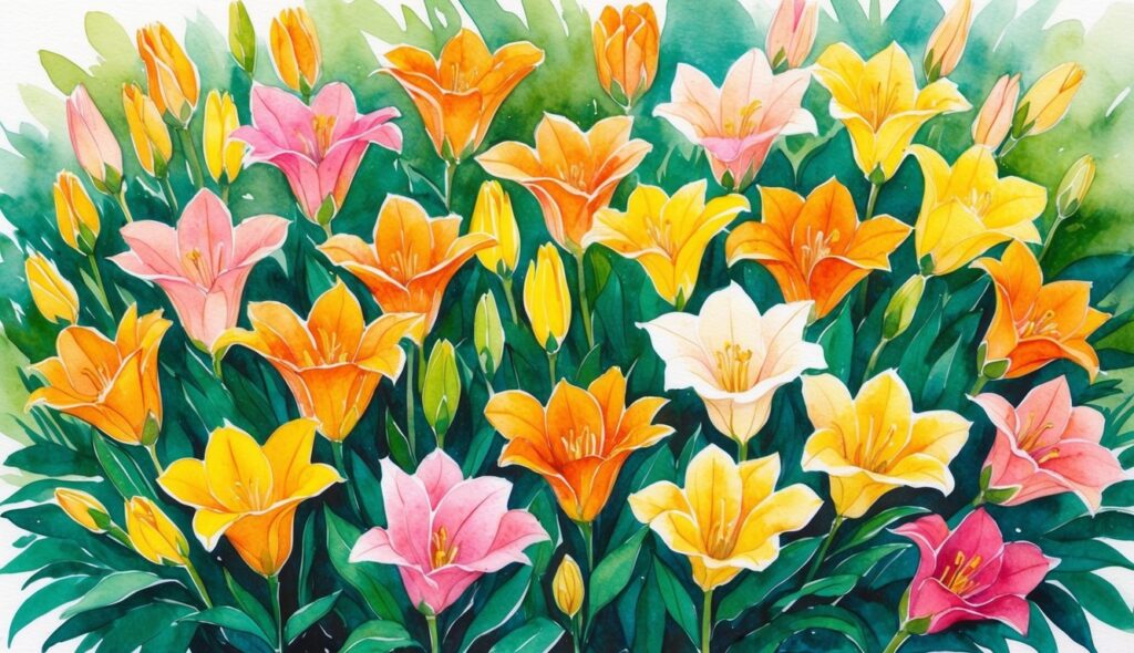 A vibrant garden with 19 colorful freesia flowers in shades of orange and yellow, blooming amidst green foliage, capturing the essence of spring
