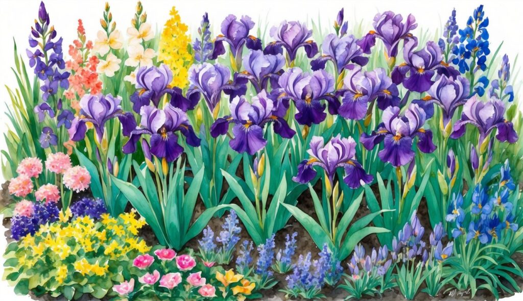 A lush garden bed filled with vibrant violet irises in full bloom, surrounded by a variety of colorful flowers, creating a stunning spring display