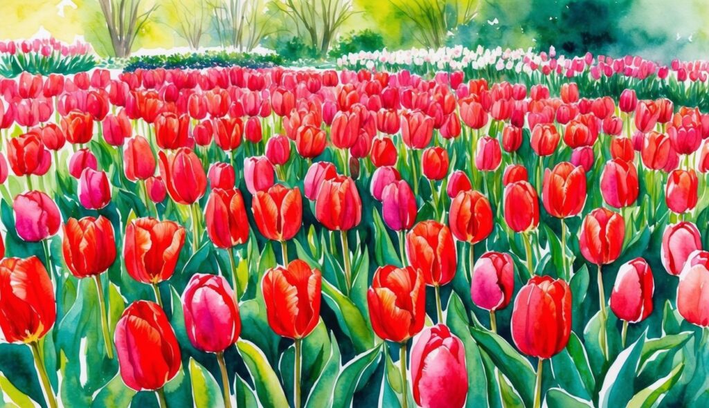 A lush garden filled with vibrant red tulips in full bloom, creating a stunning display of color for the spring season