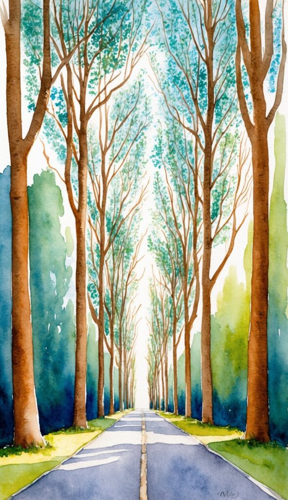 A narrow driveway lined with tall, rapidly growing trees reaching towards the sky, their branches creating a natural canopy overhead