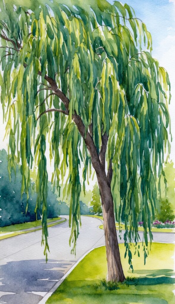 A weeping willow tree grows rapidly beside a driveway, its long, drooping branches swaying in the wind