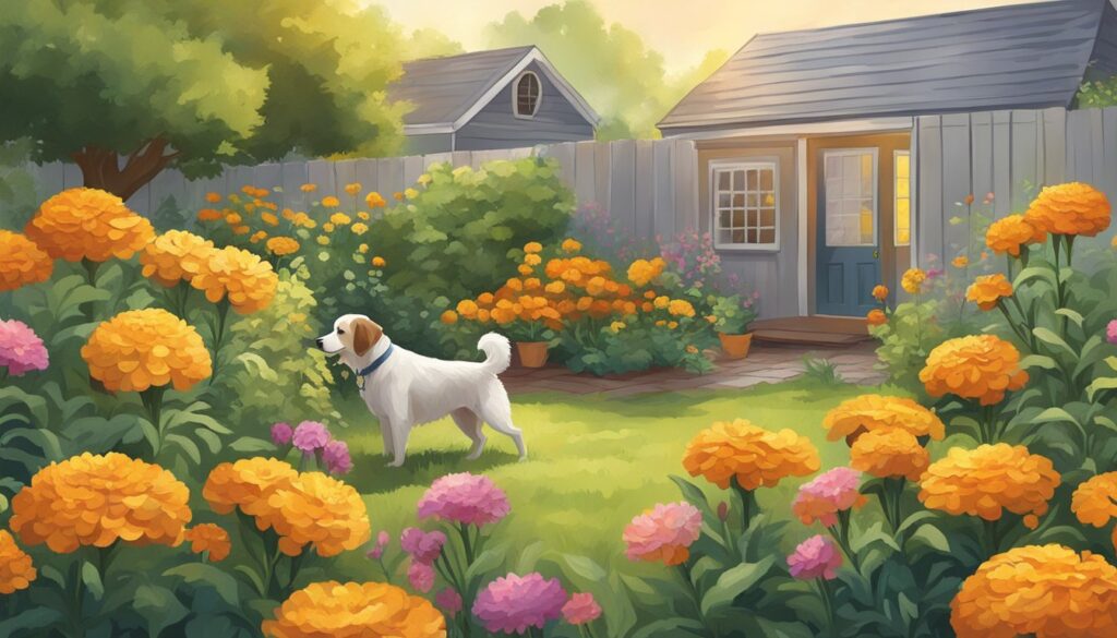 A backyard filled with vibrant marigolds and other dog-safe plants, with a happy dog exploring the garden
