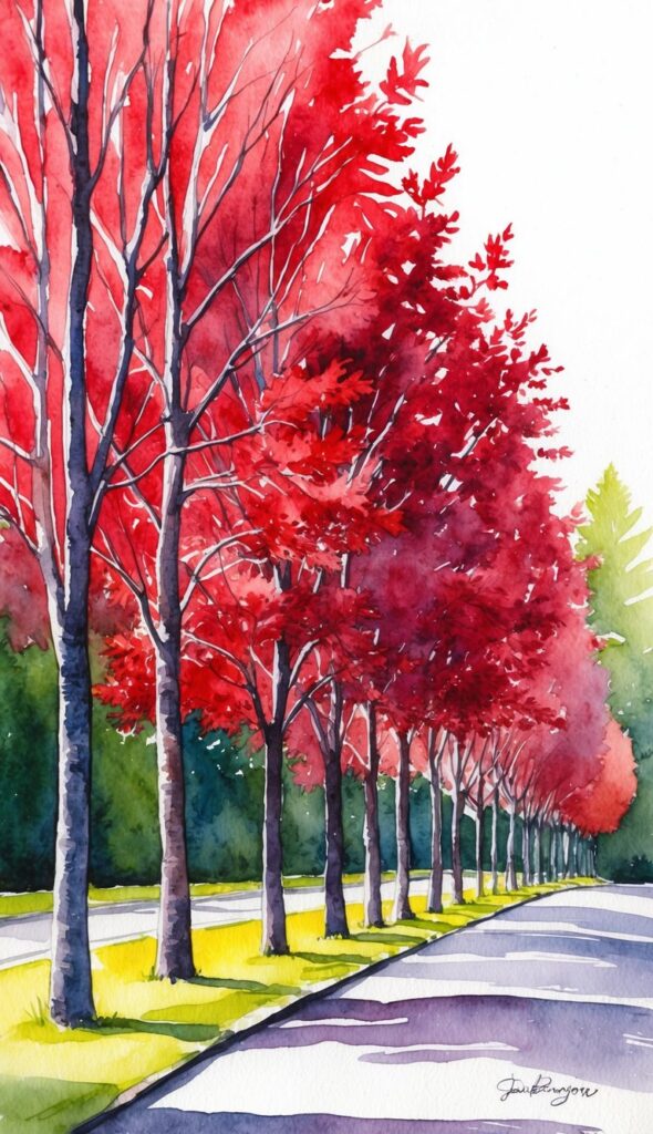 A row of red maple trees rapidly growing along a driveway