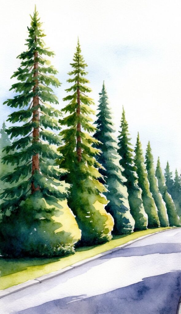 A row of Norway Spruce trees lining a driveway, with tall, straight trunks and dense, evergreen foliage