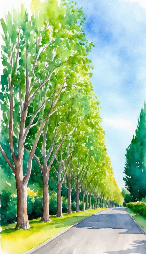 Lush green trees rapidly growing along a driveway, reaching towards the sky with thick, leafy branches
