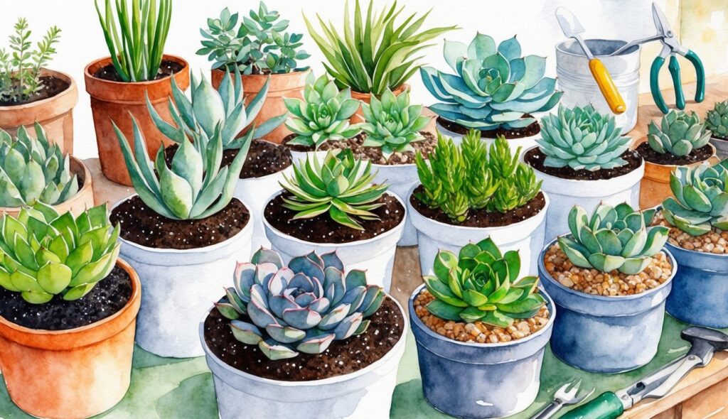 A variety of succulents in different types of soil and containers, arranged neatly on a table with gardening tools nearby