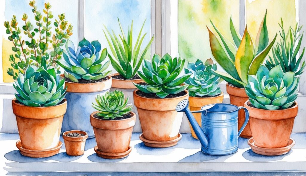 A variety of succulents arranged in different pots, placed on a sunny windowsill with a small watering can nearby. The plants show signs of healthy growth with vibrant colors and plump leaves