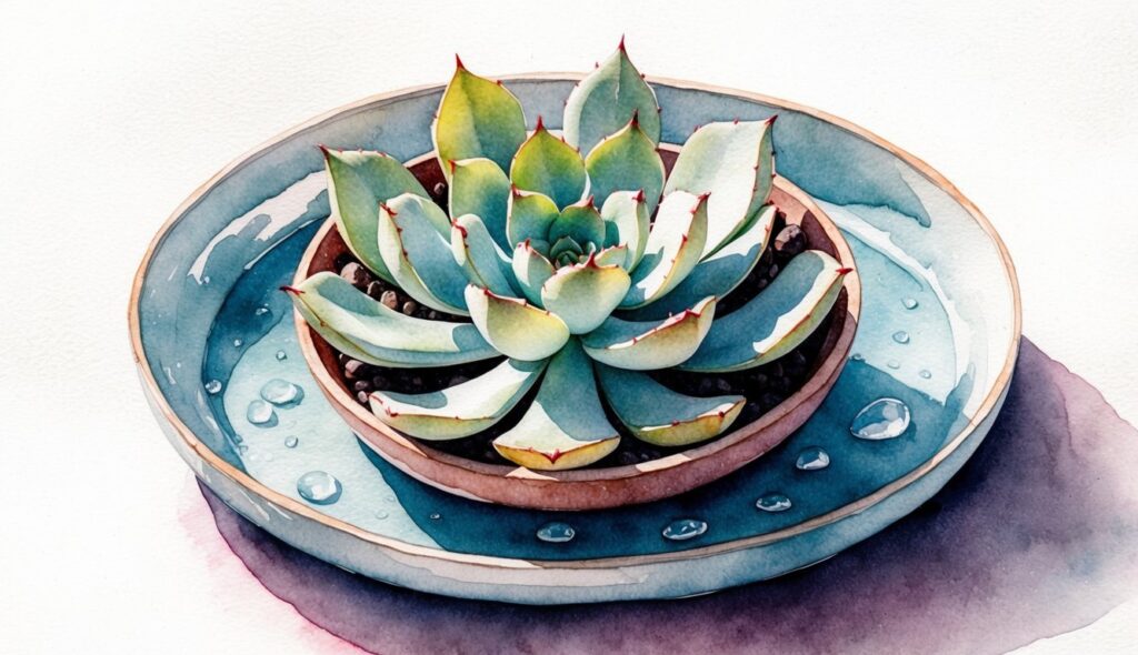 A succulent plant sitting in a shallow dish, surrounded by droplets of water